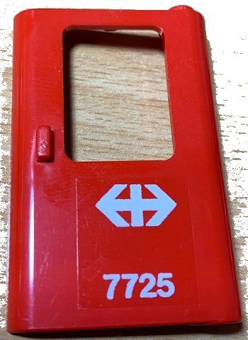 LEGO part Door 1 x 4 x 5 Train Right, Thin Support at Bottom with White Double Arrow (Swiss Federal Railways) and '7725' Pattern (Sticker) - Set 7725 (4182pb076)