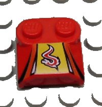 LEGO part Slope, Curved 2 x 2 x 2/3 with 2 Studs and Curved Sides, Lip End with Red/White Flame on Yellow, Black Stripes Pattern 41855pb08