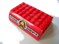 LEGO part Slope, Curved 6 x 8 x 2 Double with 'FIRE DEPT', Fire, 2 Axes and Red Helmet Pattern 45411pb03