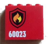 LEGO part Panel 1 x 4 x 3 with Side Supports - Hollow Studs with Black and Yellow Fire Logo Badge and '60023' Pattern Model Left (Sticker) - Set 60023 60581pb028L