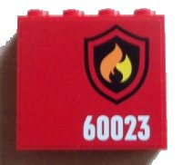 LEGO part Panel 1 x 4 x 3 with Side Supports - Hollow Studs with Black and Yellow Fire Logo Badge and '60023' Pattern Model Right (Sticker) - Set 60023 60581pb028R