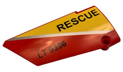 LEGO part Technic, Panel Fairing #17 Large Smooth, Side A with Silver Stripe, 'RESCUE' and 'LT 9396' Pattern (Sticker) - Set 9396 (64392pb028)