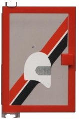 LEGO part Door 1 x 4 x 5 Left with Trans-Clear Glass and Red & Black diagonal Stripe and White Helmet Pattern (Sticker) - Set 6373 73436c01pb01