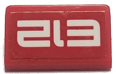 LEGO part Slope 30 1 x 2 x 2/3 with White 'E12' on Red Background Pattern (Sticker) - Set 70615 (85984pb221)