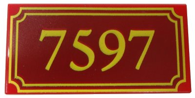 LEGO part Tile 2 x 4 with Yellow '7597' and Fancy Outline Pattern (87079pb0006)