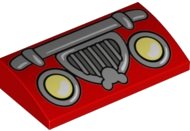 LEGO part Slope, Curved 2 x 4 x 2/3 with Bottom Tubes with Car Headlights, Silver Bumper and Grille with Mickey Mouse Logo Pattern (88930pb148)