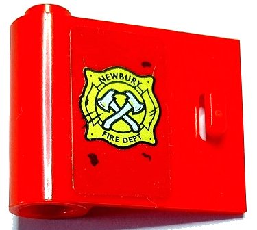 LEGO part Door 1 x 3 x 2 Left - Open Between Top and Bottom Hinge with Gold 'NEWBURY FIRE DEPT' Badge and Crossed Silver Axes Pattern (Sticker) - Set 70436 (92262pb008)