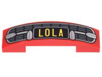 LEGO part Slope, Curved 4 x 1 x 2/3 Double with Silver Car Grille and Bumper and Yellow 'LOLA' Pattern 93273pb062