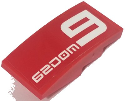 LEGO part Slope, Curved 4 x 2 with White '62DOM9' on Red Background Pattern (Sticker) - Set 70615 (93606pb090)