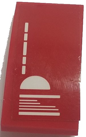 LEGO onderdeel Slope, Curved 4 x 2 with White Lines and Half Circle on Red Background Pattern (Sticker) - Set 70615 (93606pb093)