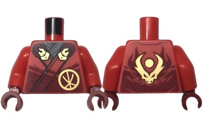 LEGO part Torso Robe Dark Red Straps, Gold Buckles, Ninjago Logogram Letter K and Dragon Head and Orb on Back Pattern / Red Arms / Dark Red Hands (973pb5229c01)