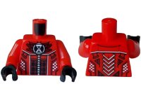 LEGO part Torso Racing Suit with Dark Red Panel with Black Blocks, White Checkered, Hourglass on Pointed Collar Pattern / Red Arms / Black Hands 973pb5374c01