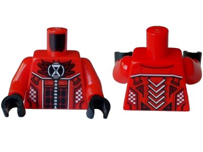 LEGO part Torso Racing Suit with Dark Red Panel with Black Blocks, White Checkered, Hourglass on Pointed Collar Pattern / Red Arms / Black Hands (973pb5374c01)