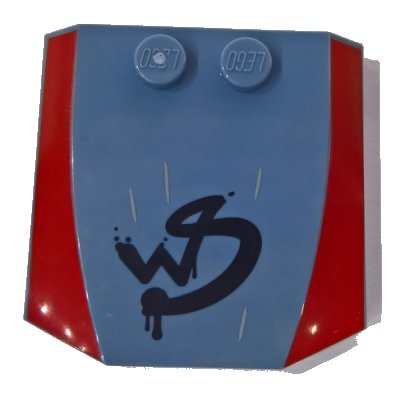 LEGO part Wedge 4 x 4 x 2/3 Triple Curved with Red Sides and Crudely Painted 'WS' Pattern (45677pb113)