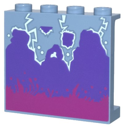 LEGO part Panel 1 x 4 x 3 with Side Supports - Hollow Studs with Magenta Splashes, Dark Purple Smoke, and White Lightning Pattern (60581pb231)
