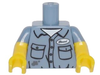 LEGO onderdeel Torso Shirt with Dirt Stains, Pockets, Buttons and Name Tag Pattern / Yellow Arms with Molded Sand Blue Short Sleeves Pattern / Yellow Hands (973pb2215c01)