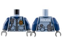 LEGO part Torso Female Police Flak Vest Closed with Silver Zipper and Gold Badge over Dark Blue Shirt, Radio, Canteen, White 'POLICE' on Back Pattern / Dark Blue Arms / Dark Bluish Gray Hands 973pb3010c01