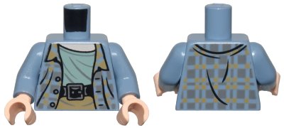 LEGO onderdeel Torso Plaid Jacket Open with Buttons and Dark Bluish Gray and Dark Tan Squares over Sand Green Shirt, Black Belt with Silver Buckle, Light Nougat Neck Pattern / Sand Blue Arms / Light Nougat Hands (973pb4033c01)