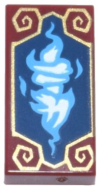 LEGO onderdeel Tile 1 x 2 with Dark Azure Mirrored Dragon Heads with White Ninjago Logogram 'TB' on Dark Blue Panel with Gold Frame with Spirals Pattern 3069pb1393