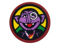 LEGO part Tile, Round 3 x 3 with Sesame Street The Count on Yellow Background Pattern (Sticker) - Set 21324 67095pb006
