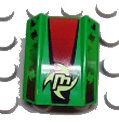 LEGO part Slope, Curved 2 x 2 Lip with 'M' and Black/Red Pattern (30602pb024)