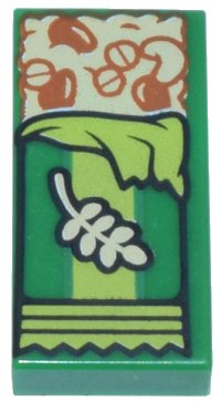 LEGO part Tile 1 x 2 with Tan Granola Bar with Reddish Brown Grains and Seeds and Lime Wrapping Pattern 3069pb1264