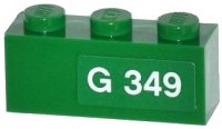 LEGO part Brick 1 x 3 with White 'G 349' Pattern Model Right Side (Sticker) - Set 70805 3622pb051R