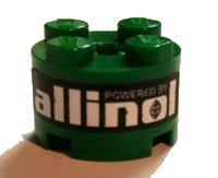 LEGO part Brick, Round 2 x 2 with Axle Hole with White 'POWERED BY allinol' on Black Background Pattern (Sticker) - Set 8206 3941pb13