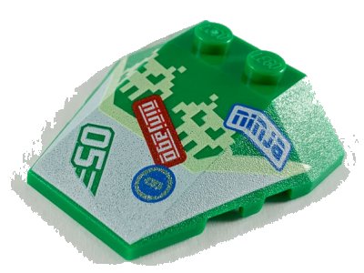 LEGO part Wedge 4 x 4 Triple with Stud Notches with Pixel Aliens, 'ninjago', 'ninja' and '05' Pattern (48933pb033)