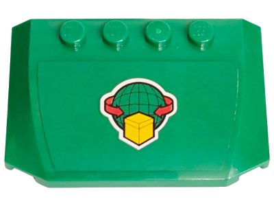 LEGO part Wedge 4 x 6 x 2/3 Triple Curved with Yellow Box, Red Arrows, and Wire Frame Globe Logo Pattern (Sticker) - Set 60052 (52031pb080)