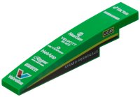 LEGO part Slope, Curved 6 x 1 with White 'TikTok', 'BOMBARDIER', 'NexGen', 'VELOCITY BLACK', 'servicenow', 'NetApp', 'Regent', 'PIRELLI', 'Valvoline', 'JCB' and 'GIRARD-PERREGAUX' Logos, Black Panel and Yellow Stripe on Both Sides Pattern 6801pb03