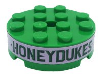 LEGO part Brick, Round 4 x 4 with Hole with Dark Green 'HONEYDUKES' on Bright Pink Background Pattern (Sticker) - Set 76388 87081pb004