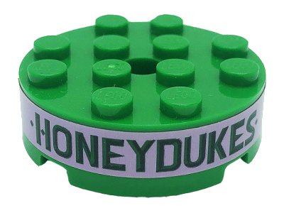 LEGO part Brick, Round 4 x 4 with Hole with Dark Green 'HONEYDUKES' on Bright Pink Background Pattern (Sticker) - Set 76388 (87081pb004)
