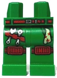LEGO part Hips and Legs with Red Belt, Silver Buckle, Knee Pads, Tool Belt with Tools, Handkerchief with Stars Pattern 970c00pb0991