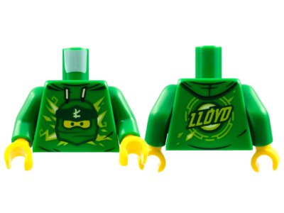 LEGO part Torso Hoodie with Ninja Minifigure Head and Wrap with Ninjago Logogram Letter L, 'LLOYD' on Back Pattern / Green Arms / Yellow Hands (973pb3970c01)