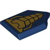 LEGO part Tile, Modified 2 x 3 Pentagonal with Gold Triangle Chest Protector and Black line Detail Pattern 22385pb183