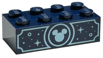 LEGO part Brick 2 x 4 with Metallic Light Blue Mickey Mouse Head, Circles and Sparkles Pattern on Both Sides (3001pb198)