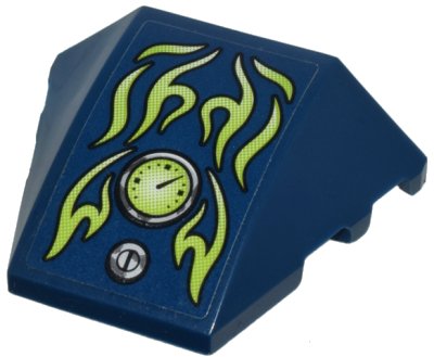 LEGO part Wedge 4 x 3 Triple Curved No Studs with Light Bluish Gray Screw, Lime Flames and Gauge Pattern (Sticker) - Set 70730 (64225pb020)