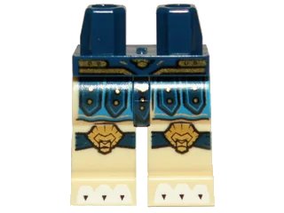 LEGO onderdeel Hips and Tan Legs with Blue Loincloth, Gold Knee Pads and Belt and White Claws Pattern (970c02pb09)