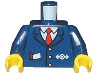LEGO onderdeel Torso Train with Logo, Three Gold Buttons, Red Tie, Pencil & Paper in Pocket Pattern / Dark Blue Arms / Yellow Hands 973pb0320c01