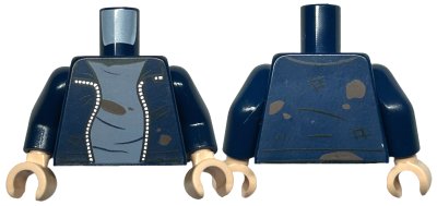 LEGO onderdeel Torso Jacket Open with Silver Zipper, Sand Blue Shirt, Dark Brown Dirt Stains, and Scrapes Pattern / Dark Blue Arms / Light Nougat Hands (973pb4657c01)