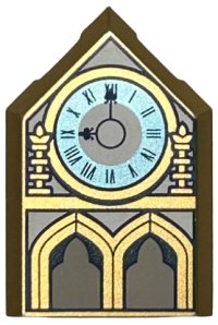 LEGO part Tile, Modified 2 x 3 Pentagonal with Clock with Metallic Light Blue Face, Roman Numerals, and Arches Pattern 22385pb223