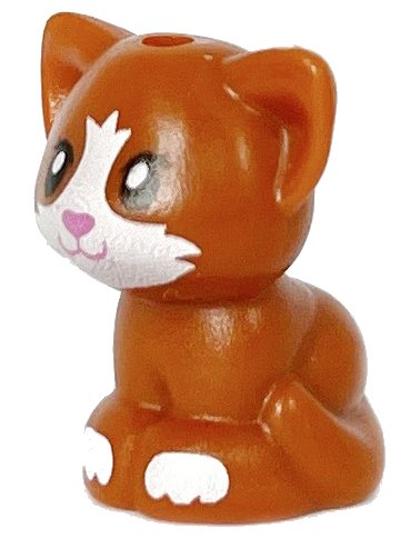 LEGO part Cat, Friends, Baby Kitten, Sitting with Black Eyes, Dark Pink Nose and Mouth, and White Muzzle and Paws Pattern (69902pb01)