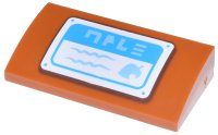 LEGO part Slope, Curved 2 x 4 x 2/3 with Bottom Tubes with White and Dark Azure Sign with Medium Blue Text and Leaf Pattern (Animal Crossing Drop-Off Box) 88930pb171