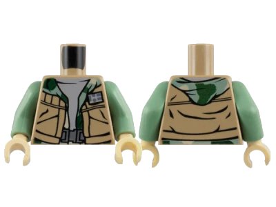 LEGO onderdeel Torso SW Vest Open over Camouflage Hoodie and Light Bluish Gray Shirt, Dark Bluish Gray Belt Buckle Pattern / Sand Green Arms / Tan Hands (973pb1050c01)