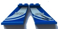LEGO part Tail 4 x 1 x 3 with White Curved Stripes and 'JW001' on Blue Background Pattern on Both Sides (Stickers) - Set 75915 2340pb057