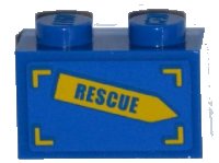LEGO part Brick 1 x 2 with 'RESCUE' on Yellow Arrow Pattern Model Left Side (Sticker) - Set 4439 3004pb113L