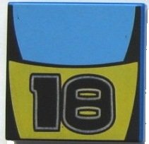 LEGO part Tile 2 x 2 with Number 18 and Medium Blue / Yellow Stripes Pattern (3068pb0022)