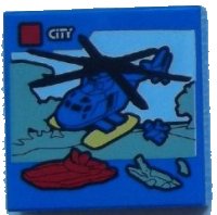 LEGO part Tile 2 x 2 with LEGO City Set Box Art, Helicopter, Red Boat, and Sand Green Alligator / Crocodile Pattern 3068pb0937