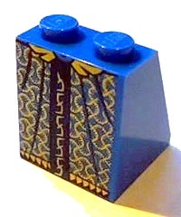 LEGO part Slope 65 2 x 2 x 2 with Bottom Tube with Minifigure Dress / Skirt / Robe, Gold and Dark Blue Pattern 3678bpb060